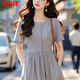 Vestido de hengyuanxiang, falda larga de mujeres, temperamento francés hermoso y único, cuello redondo, gris, adelgazamiento y reducción de edad 2025 Summer New Style, Gray S (recomendado 85-100Jin [Jin iguala 0.5 kg])