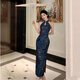 Feiyao cheongsam new Chinese style national style satin print improved cheongsam sleeveless slim waist sexy dress long skirt dark blue S length 105cm, bust 80cm
