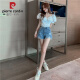 Pier Cardin cortos de mezclilla rasgados para mujeres New Korean Corea Corea Gran Tamaño Gran Tamaño MM Piernas anchas de cintura alta adelgazante Pantalones calientes de línea A azul claro 9767 S [90-100Jin [Jin iguala 0.5 kg]]]