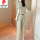 皮尔卡丹（pierre cardin）时尚套装女夏季2025新款洋气显瘦御姐圆领短袖衬衫直筒裤两件套女 12608-黑色套装 L 【建议95-110斤】