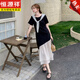Hengyuanxiang Korean temperament spliced ​​ruffled T-shirt dress for women 2025 Xia Chao beautiful contrasting color fake two-piece fishtail long skirt Black L 120-135Jin [Jin equals 0.5 kg]