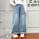 Hölzerne Holzhaus Mädchen Hosen Kinder Casual Hosen Jeans Spring- und Herbstkleidung mittelgroß und große Kinder lose geradlinige Weitbeinhosen Blau 130
