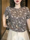 
DRYWORLD European products 2025 summer new short-sleeved T-shirt for women fashion loose casual and versatile temperament floral round neck top big red [Trendy and elegant 1049 brown] M