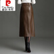 Pierre Cardin 2025 new slit leather skirt hip-covering skirt for women autumn and winter high-waisted slim skirt mid-length temperament one-step skirt brown skirt length 80-82CM 3XL 31/2 feet 4
