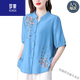 罗蒙（ROMON）夏季中袖棉麻上衣女新款国风刺绣女士衬衫妈妈装宽松亚麻小衫 高档品牌红色-694+女装十大品牌 M 【约108斤内】
