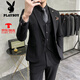 花花公子（PLAYBOY）西服男士套装潮流韩版修身英伦新郎结婚礼服商务职业正装休闲西装 深灰色纹理9905【西服+西裤+马甲1 XL 130斤穿
