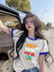 GTYUWVG2025 Nouveau modèle de t-shirt à manches courtes pour femmes pour les femmes devant les épaules Coton Pure Produits européens Lâche et à la mode Princement Top Summer INS TRENDY 6197 Collier rouge noir Imprimerie rose S