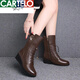 CARTELO crocodile (CARTELO) wedge boots women's mid-calf boots soft leather women's shoes fashion short boots 2025 Martin boots autumn and winter mother's cotton boots brown plus velvet 38