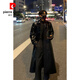 Pierre Cardin Maillard wears pu leather windbreaker men's handsome high-end double-breasted coat mid-length over-the-knee waisted coat black S