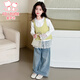 
Fuluo Mi Girls Set Spring and Autumn Korean Sweet Lace T-shirt Knitted Vest Vest Jeans Three-piece Set Yellow 150