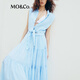 MO&Co.连衣裙高腰绑带苎麻翻领立体宽肩衬衫长裙蓝白条纹摩安珂 蓝白条色 XS 155