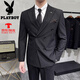 Playboy Double Breasted Striped Suit Set Men's Slim-fitting Stylish Collar Suit Business Forecast Groom Wedding Men's Dress Black Three-Piece M 48