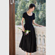 Vanciman Slim U-Leck Robe à manches courtes en été Nouveau French Slim Hepburn Style Long Black XL
