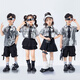 Tecnología para niños de Poresno Catwalk Sense Catwalk Catwalk 1 de junio Caderas de baile de la calle Termina de tendencia de jazz Jazz Boys Future Drum Set de mangas cortas: A694 Top de cuero brillante plateado + B317 Negro 110 cm Tamaño de un solo tamaño