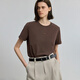 
LILY2025 summer new women's clothing retro simple basic embroidery casual versatile front shoulder round neck short-sleeved T-shirt 701 brown L