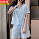 Hengyuan Xiangshen Xiaoxiang Style Short Sleeve Set for Women 2025 Summer New Korean Style Fashionable and Trendy Age Reducing Shorts Two-Piece Set Blue [Fashion-Quality] 3XL [Suggested 130#-140Jin [Jin equals 0.5 kg]]
