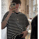 Poum Schwarz-Weiß gestreifter runder Nacken kurzärmelige Sommer- und Herbstkoreanische Version Einfacher grundlegender T-Shirt Casual Lose vielseitig Top YTFS-6627 Black M.