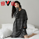 Yalu nightgown for women with long-sleeved cotton design spring and autumn pajamas can be worn on the outside with striped home clothes 2025 Spring and Autumn new style W9765 long-sleeved nightgown XL 110-125Jin [Jin equals 0.5 kg]