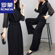 Romon Frühlings- und Sommer-neuer High-T-Teme-Chiffon-Jumpsuit Black Quarter-Areved Slim Temperament Wide-Big Jumpsuit Set für Frauen schwarz [85-95jin [Jin entspricht 0,5 kg]]