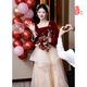 Red maternity toast dress large size fat mm bride engagement dress high waist cover belly wedding dress back door usual burgundy long sleeve F0233 XS