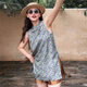 Blume Schatten Yaoyao Guoyi Retro Jacquard Seidenhülsen und Frauen für Frauen verbessert chinesische Stil, die schrägige Plattenseite mit mittlerer Länge mit mittlerem Pferd Clip F50827 Green Simple s