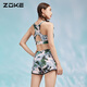 Chauke women's three-piece swimsuit sun protection split-length pants slim new conservative swimsuit white base pink green gray flower M