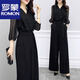 Romon Frühlings- und Sommer-neuer High-T-Teme-Chiffon-Jumpsuit Black Quarter-Areved Slim Temperament Wide-Big Jumpsuit Set für Frauen schwarz [85-95jin [Jin entspricht 0,5 kg]]