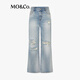 MO&Co.牛仔裤2025夏新品重工绳染手磨破洞中低腰直筒裤MBE2JEN002 牛仔蓝色 XS /XS