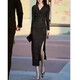 
FHHUABD9926 Da Aimei Yiyuan 2025 Spring New Dress V-neck Slim Hip Slit Slit Skirt Mid-length Women's Skirt Black Dress M