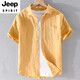 JEEP SPIRIT男士亚麻翻领短袖t恤宽松衬衫领上衣服有带领T棉麻料体恤麻布夏装 yunyi-9711黄色 2XL 155斤左右