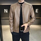 High-end stand-up collar leather jacket for men in autumn and winter new fashion casual black leather jacket velvet thickened versatile jacket khaki XL