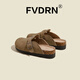 Luxury style bag-toe slippers for women 2025 new summer wear retro casual flat sole soft sole Birkenstock slippers HCS--828-1A deep khaki 36