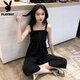花花公子;PLAYBOY2025夏季韩版木耳边抹胸修身显瘦阔腿裤吊带连体裤女学生休闲裤子 黑色 S 建议70-85斤穿