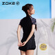 Zhouke's new women's swimsuit boxer short-sleeved sun protection quick-drying training vacation large size conservative suit black pink flower_124601217 M