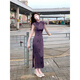 Jin Jin is equal to 0.5 kg. Mu Furong Purple Satin Improved Cheongsam Women's New Chinese Style National Style Whitening, Beautiful and Slim Temperament Long Dress M (80-95 Jin Jin is equal to 0.5 kg)