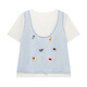 Basic House Basic House/Baijiahao cartoon embroidery contrasting top for women in summer fashion fake two-piece short-sleeved sweater Blue L