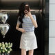 Longwenstin (L.WEST) Summer 2025 New Korean Striped Short Sleeve Top Slim and Versatile Denim Short Skirt Suit Skirt Two-piece Summer White Skirt 7170B S
