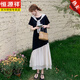 Hengyuanxiang Korean temperament spliced ​​ruffled T-shirt dress for women 2025 Xia Chao beautiful contrasting color fake two-piece fishtail long skirt Black L 120-135Jin [Jin equals 0.5 kg]