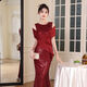 2025 new fashion off-shoulder burgundy sequined fishtail long evening dress for mother-in-law's wedding banquet burgundy skirt length 145CM 2XL 2XL
