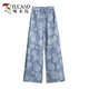 Woodpecker printed wide-leg jeans for women in 2025 new summer thin style super hot Chinese style draped lazy straight pants for women blue trousers 2XL [135-150Jin[Jin equals 0.5 kg]]