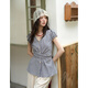 Mystery Spitzenspitze kurzärmeligte Hemd für Frauen 2025 Sommer Neue Fliege Biege Puff-Hemd Taille Top Trendy Blue Grid m