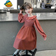 G.duck Girls' Dress Autumn Suit Western Style Children's Princess Dress Spring and Autumn Big Children's Suspender Skirt Two-piece Set MG-Flower Collar Suspender Skirt Suit-Coffee Color 150 Recommended Height 140cm