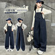 Girls' Denim Overalls Suit Spring and Autumn 2025 New Korean Style Solid Color Straight Pants Medium and Large Children's Bottoming Hoodie Solid Color Denim Overalls 150 (recommended within 140)