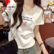 Pierre Cardin Camisa de base de cuello en V blanco Camiseta de algodón de algodón puro Camiseta de manga corta para mujeres Summer Pequeño collar de pollo Sume suelto suelto tapa de altura a media manga tostada en V kc693 White M