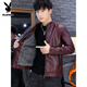 Playboy brand Haining leather jacket men's slim Korean version autumn and winter velvet thickened motorcycle quality soft leather jacket youth jacket trend A8961 black velvet L 105-120Jin Jin equals 0.5 kg