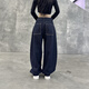 American high street retro personality belt jeans men and women dark blue street loose silhouette sickle wide-leg pants blue 1355 M