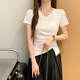 LA CHAPELE (LA CHAPLELA) Camiseta de manga corta de cuello V irregular negro para mujeres en verano 2025 Nuevo estilo chaqueta del cuerpo delgado de hombro negro (modelos 15847) S 89-98Jin [Jin equivale a 0.5 kg]