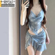 Modal Bikini Badeanzug Frauen 2025 Drei-teilige Folie weiblicher konservativer Meeresurlaub Nische Hot Spring Swimsuit Wasser 9882 Blau [Hongkong Konkubine] M [Vorschlag 85-95jin [Jin gleich 0,5 kg]]]