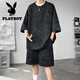 Playboy (PLAYBOY) summer suit men's niche design tie-dyeing 7-quarter sleeve T-shirt shorts trendy cool big size men's clothing set TZ757 tie-dyeing black L (recommended 110-125 Jin [Jin equals 0.5 kg])