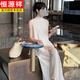 Hengyuanxiang Summer Beauty Set 2025 Super Hot New Lazy Temperament Celebrity Fashion Sleeveless Top Wide Legs Pants Set Women's Oat Color L [Suggested 100-110Jin [Jin equals 0.5 kg]]